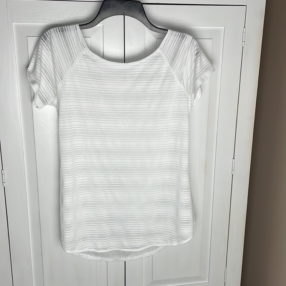 Athleta Sheer Striped White Tee With Twist Back